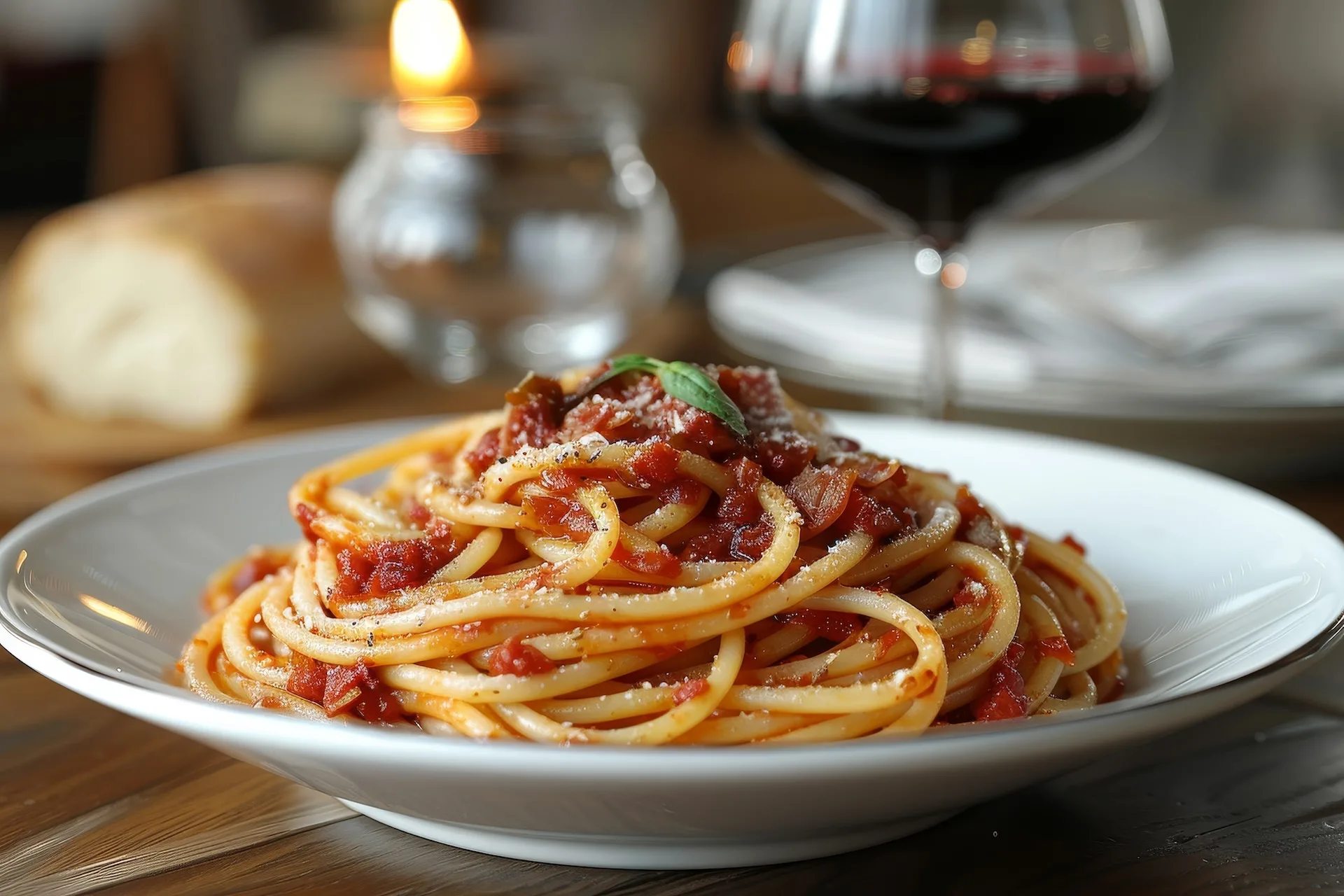 Bucatini All'amatriciana: Bucatini Pasta With A Rich Tomato And Guanciale Sauce, Garnished With Pecorino Romano.